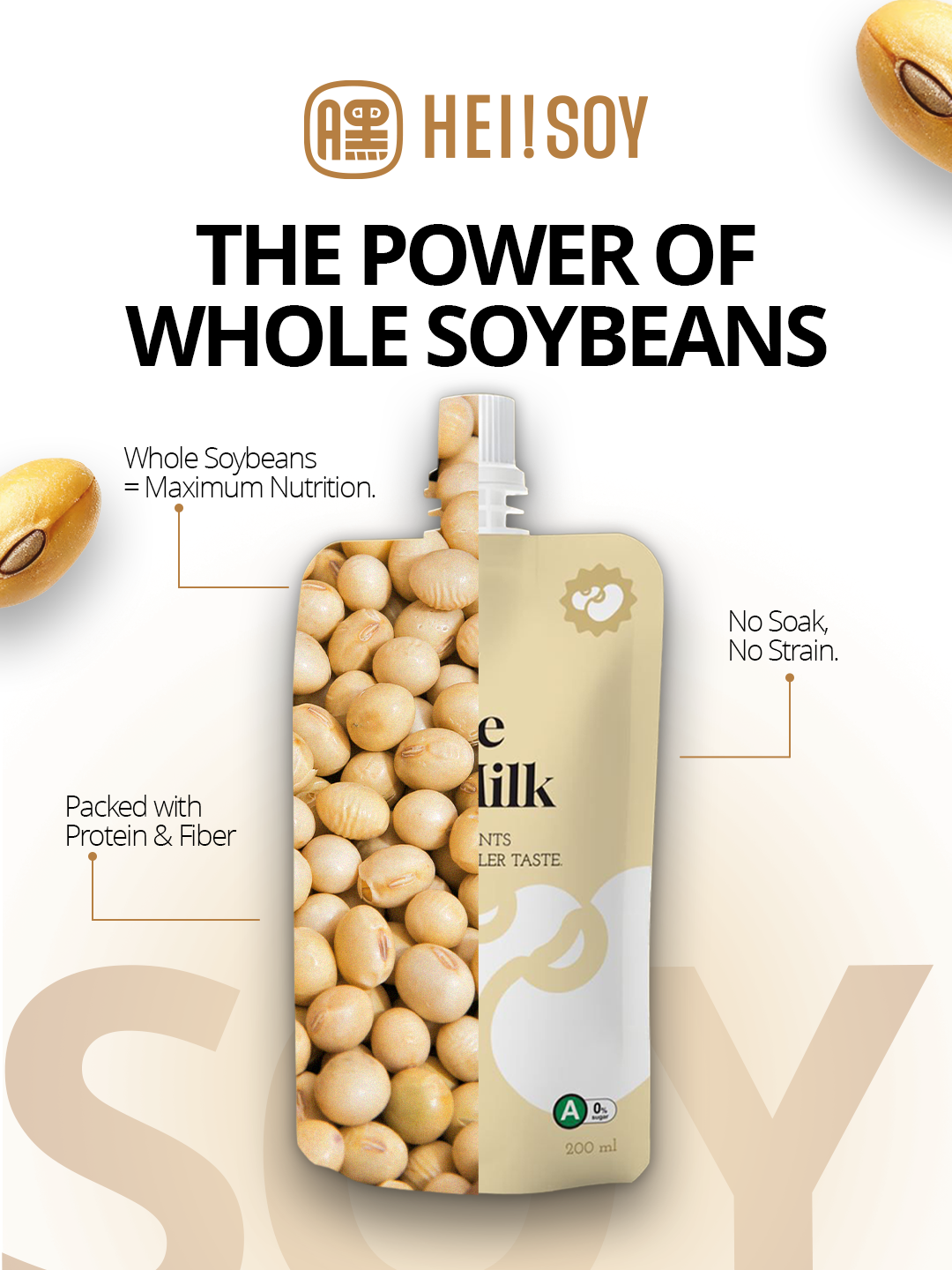 HEI!SOY soy milk package with text about the power of whole soybeans on a light background.