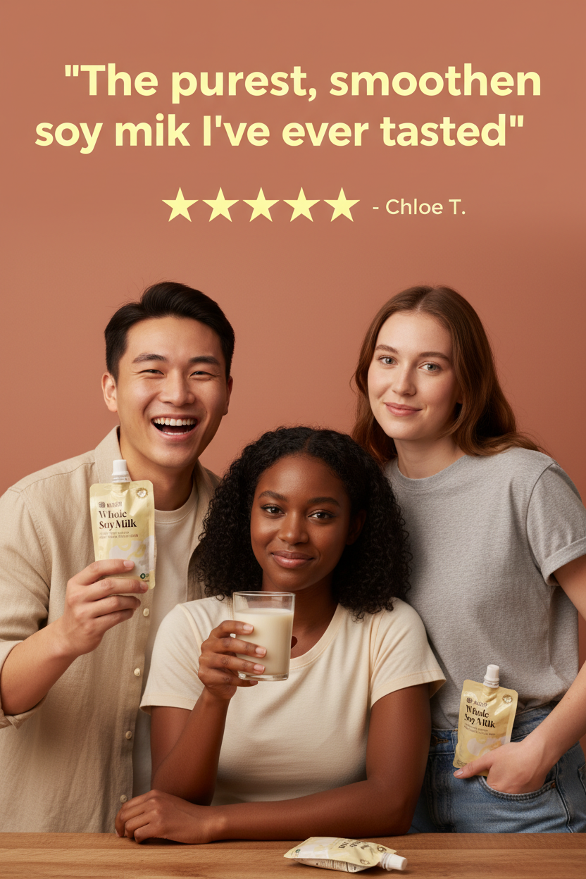 Three people enjoying soy milk with a positive review on a brown background